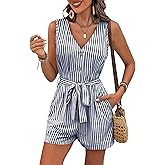 GUOLEZEEV Womens Summer Romper V Neck Button Up Linen Rompers Striped Sleeveless Short Jumpsuits Beach Vacation Outfits