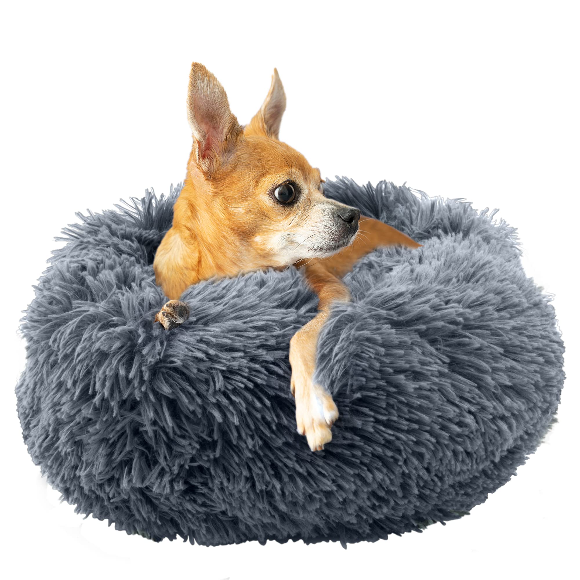 Fur & Bone Round Plush Donut Dog Bed - Fluffy Self-Warming Pet Bed - Washable with Non-Slip & Waterproof Bottom - Calming Dog & Cat Bed (40cm, Dark Grey)