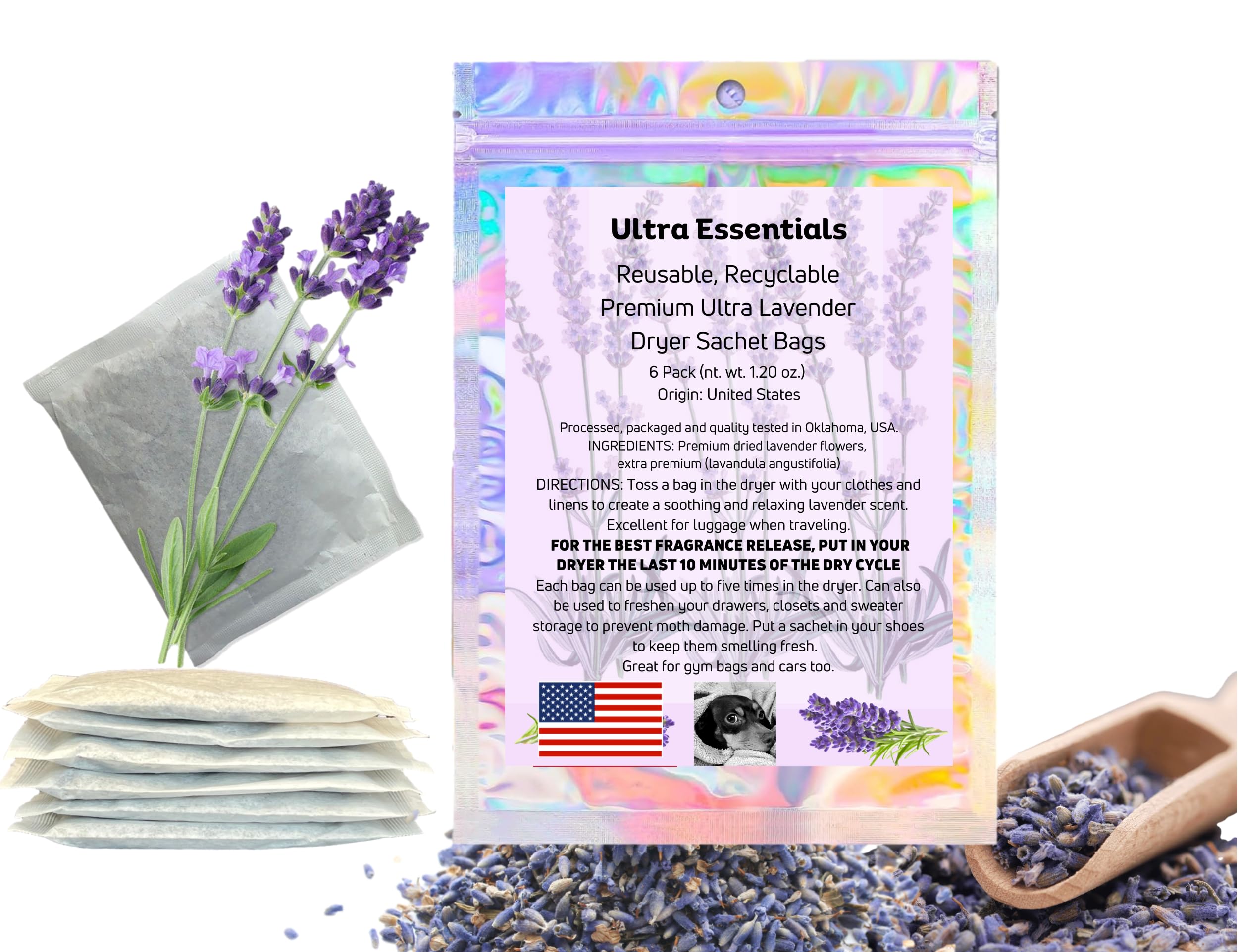 Organic Lavender Dryer Sachets, 6 Pack by Ultra Beauty Essentials, 5 Dryer Cycles, Prevents Shoe Odor, Drawer and Closet Refresher, Sweater Protector, Bath Soak Tea for Relaxation (6)