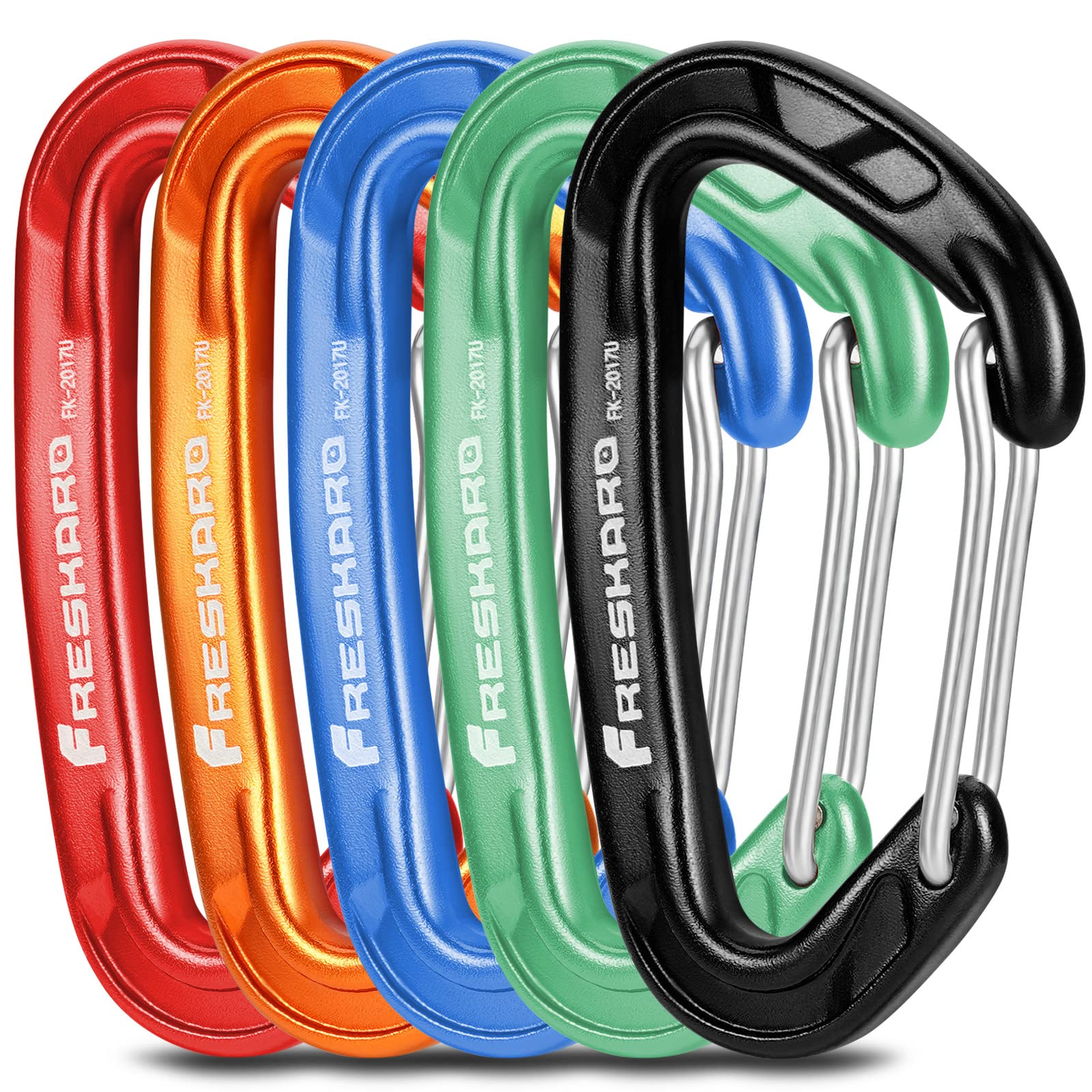 FresKaro 5pcs Carabiner Clips, caribeener clip Heavy Duty, Small Sturdy Key Keychain Accessory, Spring Snap Wire-gate Hook, 8kN 816kg, for Hiking, Camping, Not for Climbing, Mini Size (Rainbow)