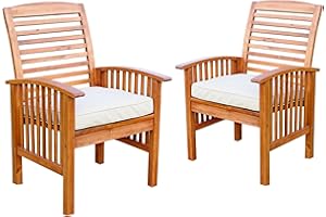 Walker Edison Rendezvous Modern 2 Piece Solid Acacia Wood Slat Back Outdoor Dining Chairs, Set of 2, Brown