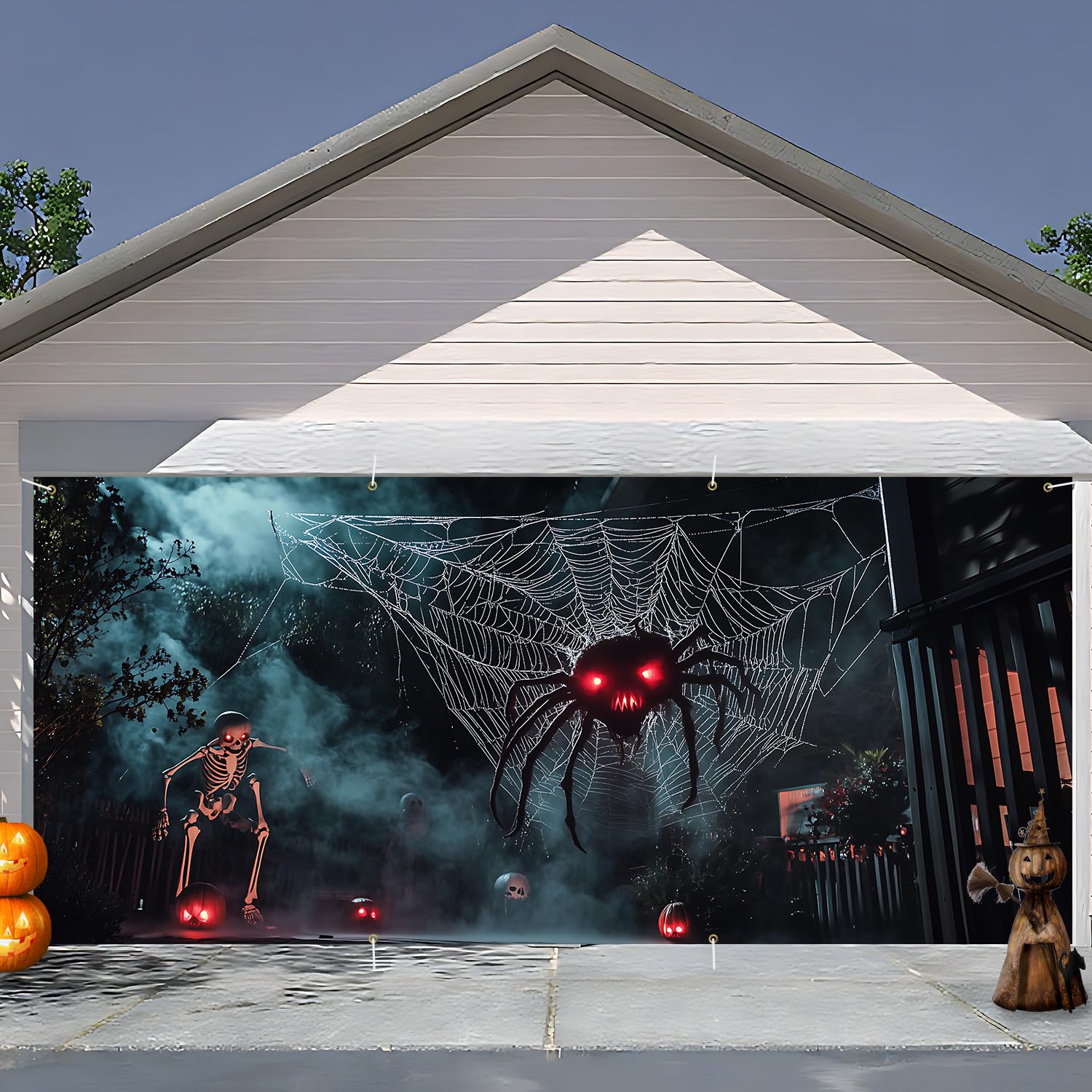 Photo 1 of 6 x 13 ft Halloween Garage Door Decorations Halloween decorations Witch Door Cover, Hanging Banner, Cauldron Backdrop Mural for Home, Outdoor, Indoor, Spooky Party, Wall, Window (Spider-1)