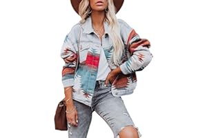 Springrain Womens Aztec Jacket Shacket Vintage Boho Woolen Button Down Denim Jacket Coat with Pockets