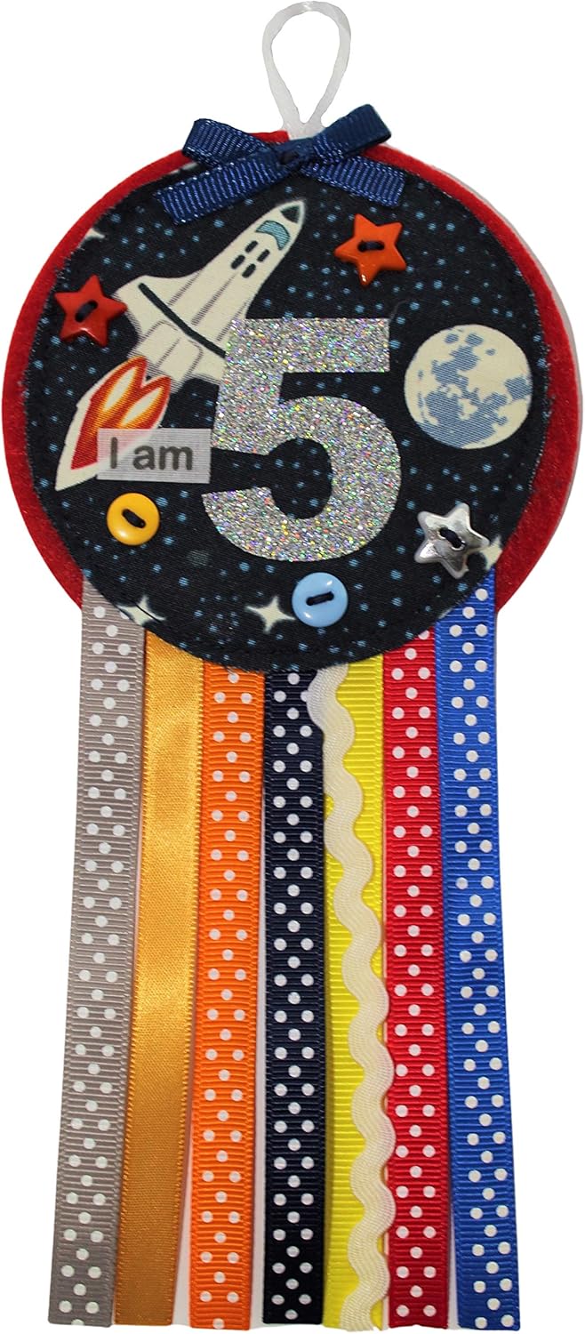 Ditsy Rosettes Space Shuttle Rockets Birthday Rosette Badge, Age 3, 4, 5, 6, 7, 8, 9, Perfect Party Gift card, Birthday Boy