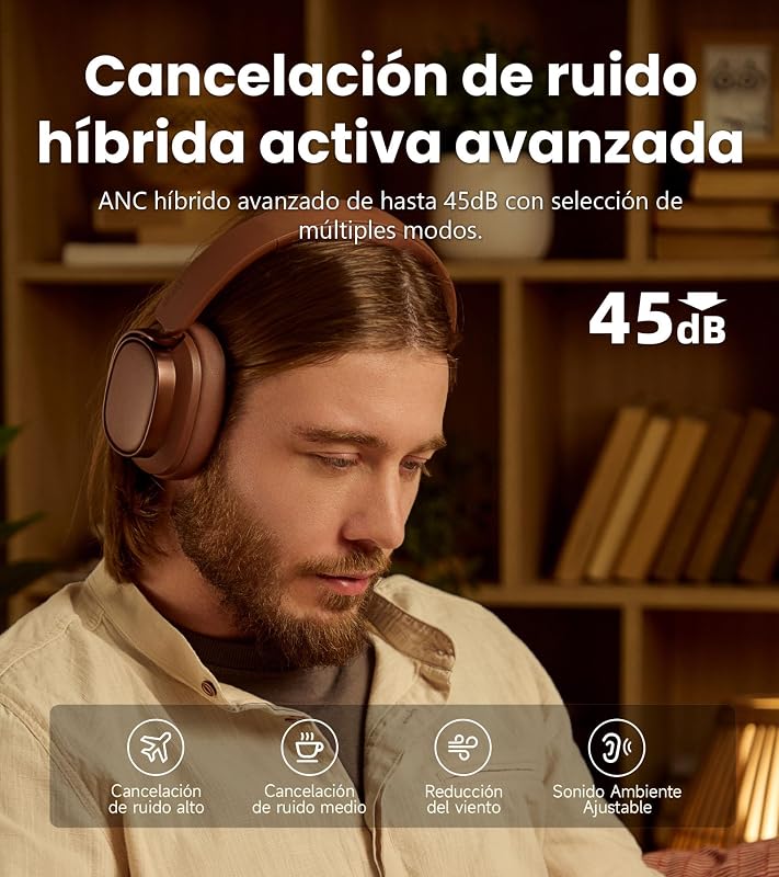 ES850NB auscultadores sem fios com cancelamento de ruído, LDAC, áudio de alta resolução, Bluetooth 5.4, multiponto, controlo tátil, até 92 horas de reprodução - castanho