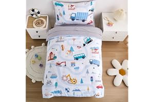 NacoMoco 4-Piece Cars Toddler Bedding Set for Boys Girls- Soft & Skin Friendly Toddler Bed Set Includes Toddler Comforter, Flat Sheet, Fitted Sheet and Pillowcase (Light Blue)