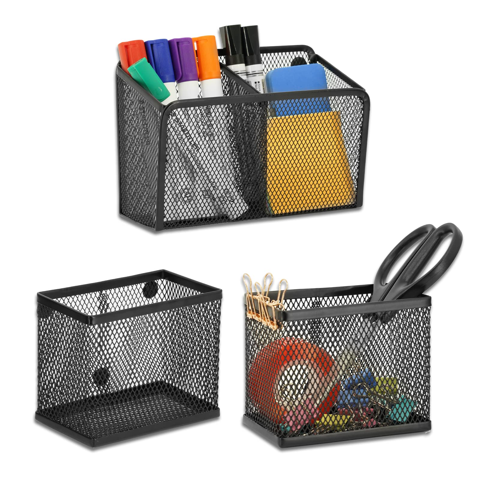 Photo 1 of Neudeco Locker Shelf Organizer, Magnetic Pencil Holder, Metal Storage Basket for Whiteboard, Refrigerator, Ideal Cabinet for School, Black (Pack 3L)