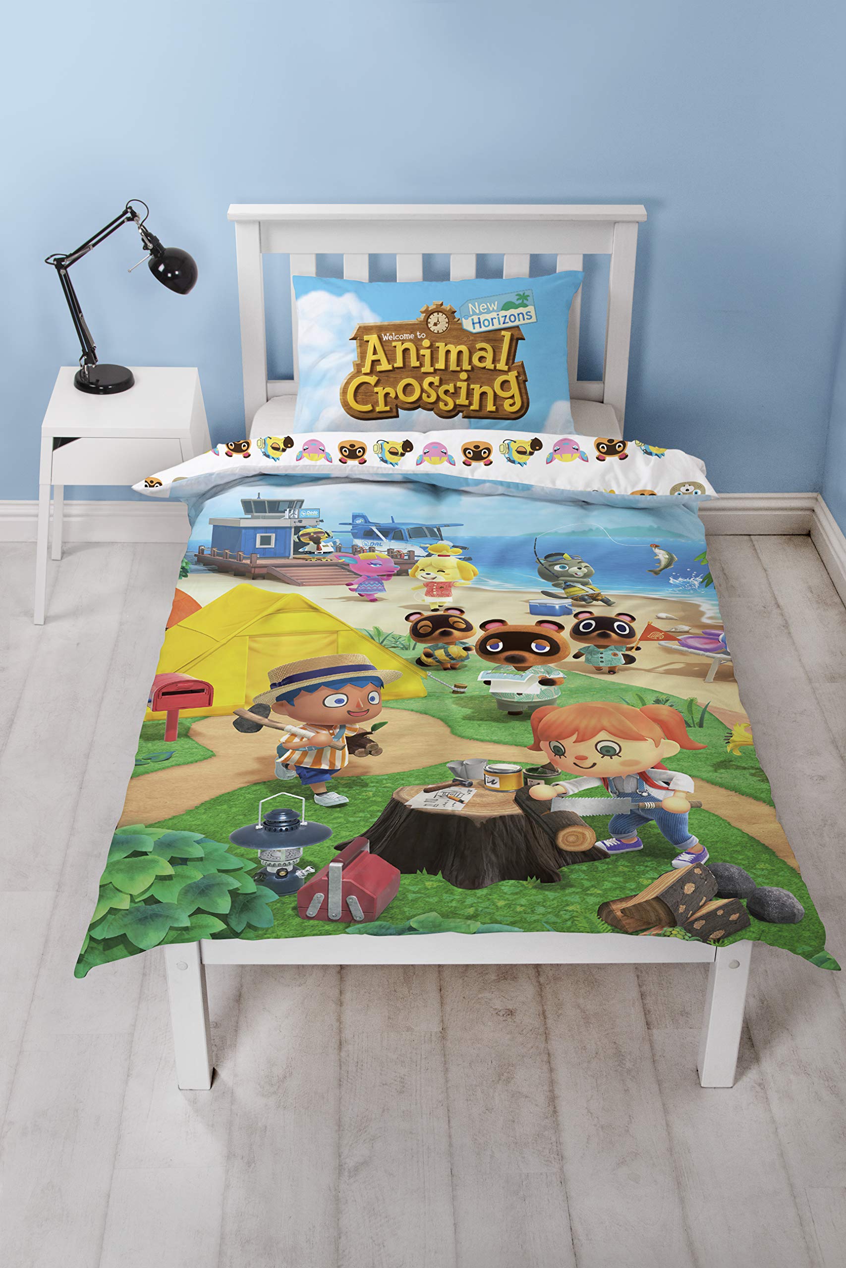 Animal Crossing Official Single Duvet Cover | Reversible Two Sided Beach Design | Polycotton Fun Bedding with Matching Pillow Case, Multi Coloured, 200 x 135cm (Single Duvet), AMCBCHDS001UK1