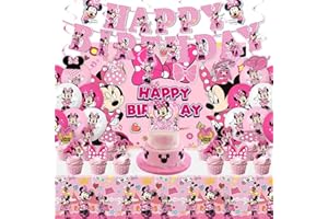 AIXPROBEAD Minnie Birthday Party Supplies, Party Decorations Set Include Banner, Backdrop, Tablecloth, Balloons, Hanging Swirls, Cake Cupcake Toppers for Girls Mouse Party Decorations