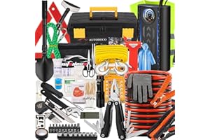 AUTODECO 98 PCS Roadside Car Emergency Assistance Kit with Portable Air Compressor Jumper Cables Safety Hammer All in One Pli