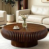 39" Walnut Round Fluted Drum Coffee Table (D, 1PC) | For Living Room, Wood Veneer Top &amp; Base, Wooden Grooves, Mid Century Modern, Circle Center Table, For Apartment Small Spaces