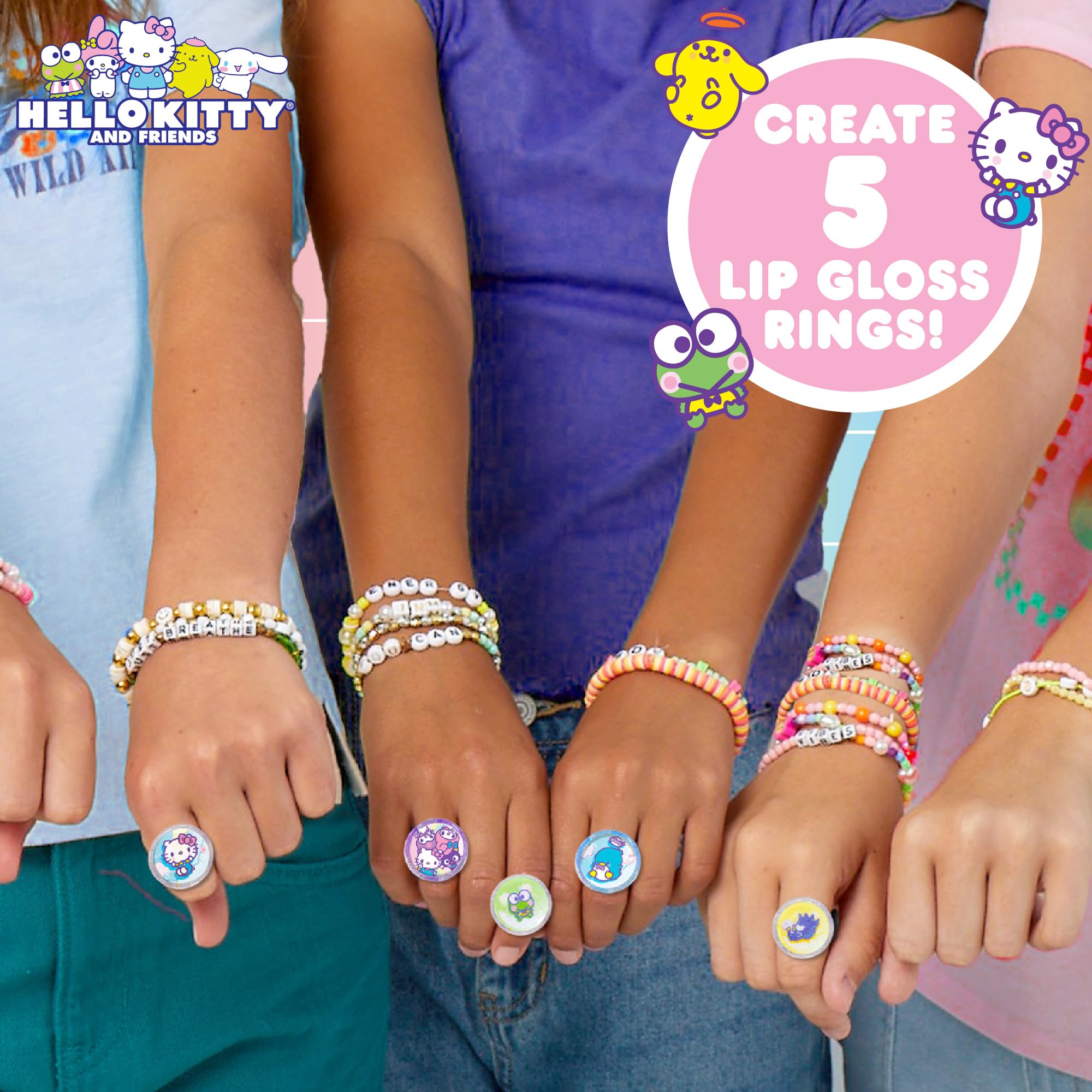 Horizon Group USA Sanrio Hello Kitty and Friends Shimmer Lip Gloss Making Kit, Makes 5 Hello Kitty Glitter Lip Gloss Rings, DIY Hello Kitty Lip Gloss Kit, Great Birthday Gift for Ages 6+