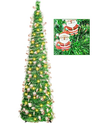 Leyndo 3 Pcs 3 4 5 Ft Collapsible Artificial Christmas Tree With LED Light Pop Up Green And Silver Sequined Pop Up Tinsel Pencil Skinny Xmas Tree For Indoor Home Fireplace