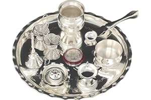 BENGALEN Silver Plated Pooja thali Set 9.5 Inch with Plate Kalash Palli Diya Kumkum Holder Bowl Dhup Dan Coin Ghanti Puja Thali for Diwali Home Mandir Office Wedding Return Gift Items