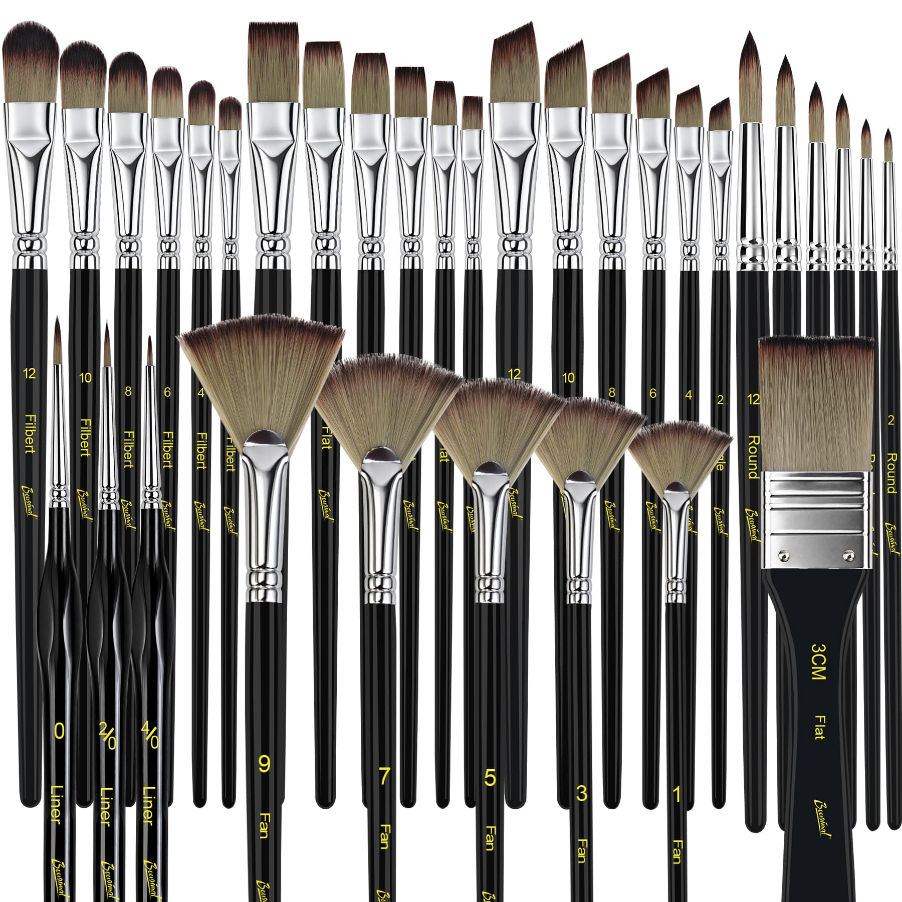 Bougimal 33 Pcs Paint Brush Set, Artist Paint Brushes for Acrylic Painting, Oil, Watercolor, Gouache, with Flat Round Filbert Fan Angle Detail Brush, Suitable for Artists and Beginners (Black) Image