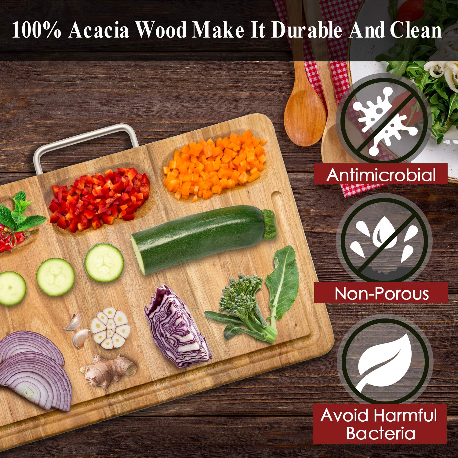 SHAN ZU Multipurpose Thick Acacia Wood Cutting Board Set of 3 Heavy Duty Chopping Board For Kitchen with Built-In Compartments And Deep Juice Grooves, Stainless Steel Handle Chopping Carving Board