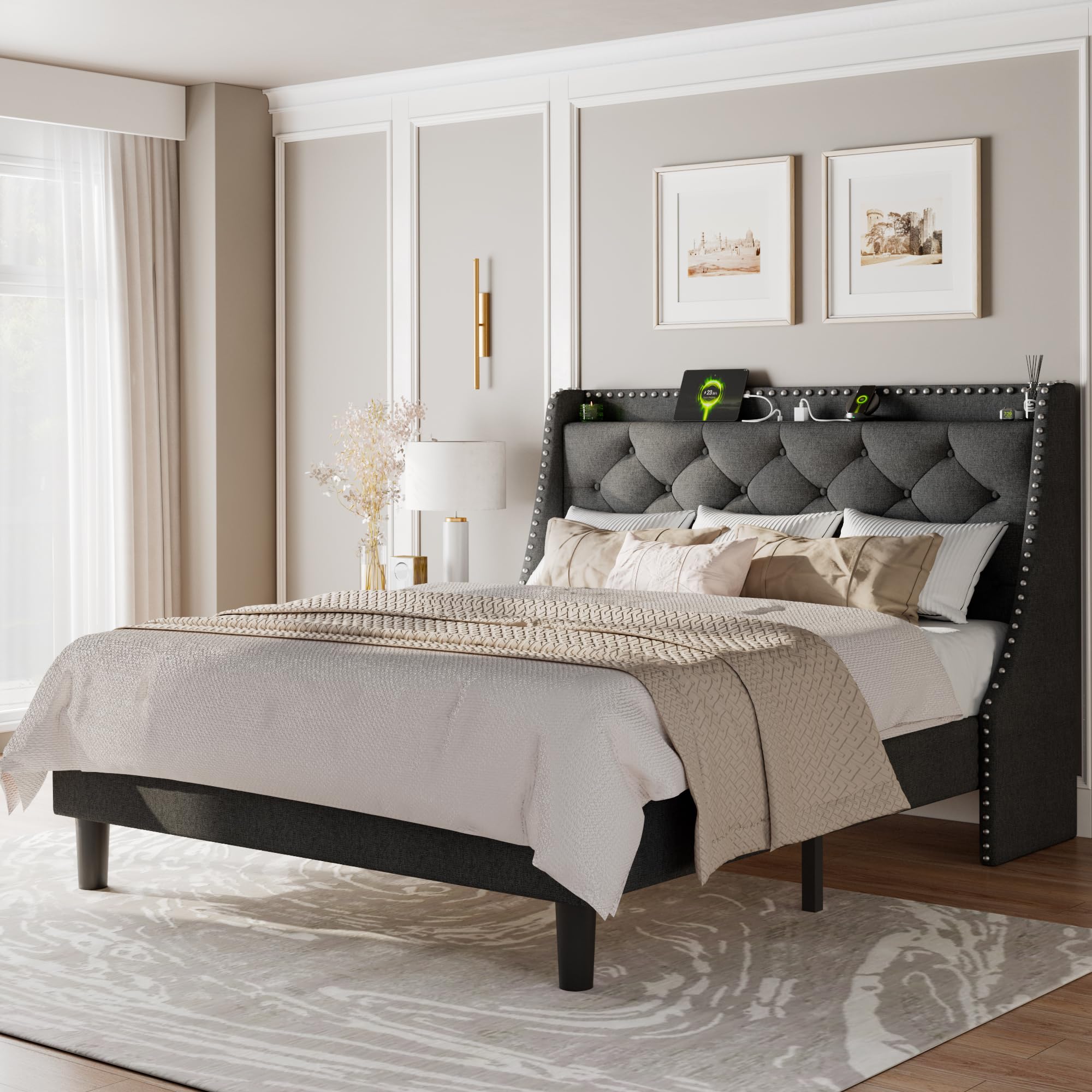 Photo 1 of Feonase Full Size Bed Frame with Luxury Wingback and Fast Charging Station,Full Upholstered Button Tufted Storage Headboard Platform Bed,Sturdy Wooden Slats Support,Noise-Free, Easy Assembly,Dark Gray