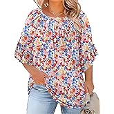 Micoson Womens Plus Size Tops 3/4 Ruffle Sleeve Shirts Crewneck Pleated Blouses Dressy Casual Fashion Tunic Top (1X-5X)