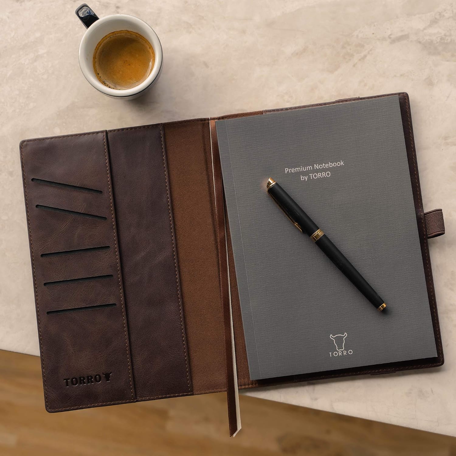 TORRO Genuine Leather Hardback Notebook Cover with 1X Refill Pad (A4 Dark Brown) - Image 3