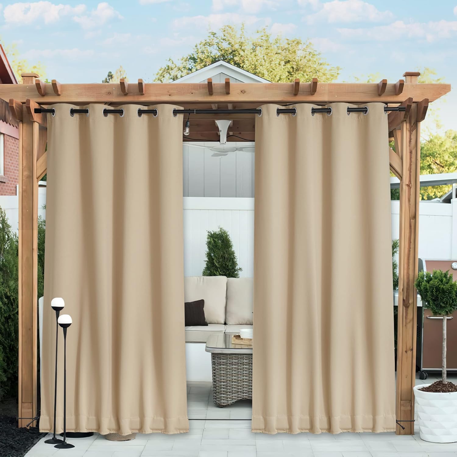 Outdoor Curtains - NICETOWN 2 Panels Outdoor Curtains for Patio Waterproof & Windproof, Grommet & Back Tab on Top & Bottom Weighted Drapes Keep Sun/Rain Out with Bouns Rope for Deck, Biscotti Beige, W84 x L108