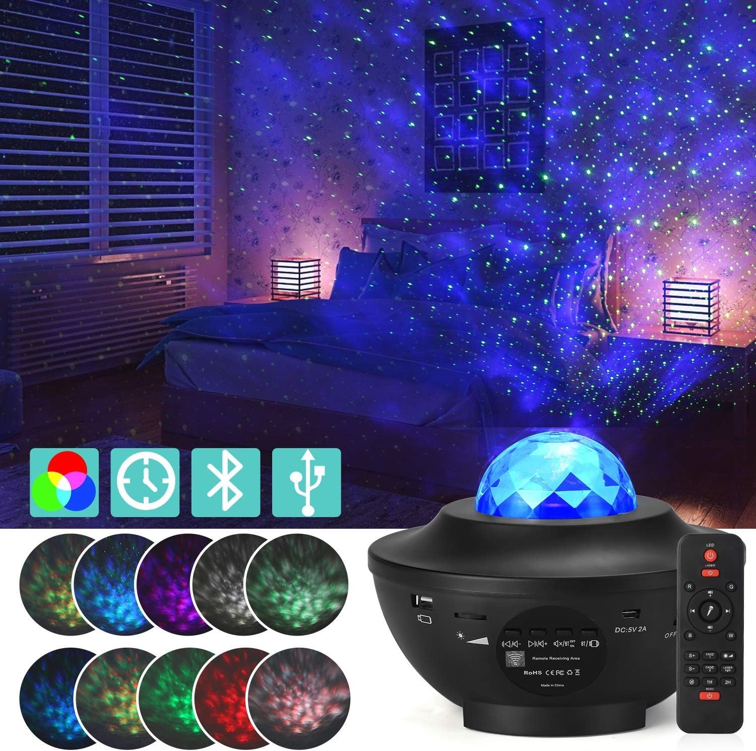 Night Light Pojector, Liwarace Star Light Projector with Remote Timer BT-4.2 Music Speaker Different Lighting Show Adjustable Patterns Rhythmical Music Light for Kid Bedroom for Night Light