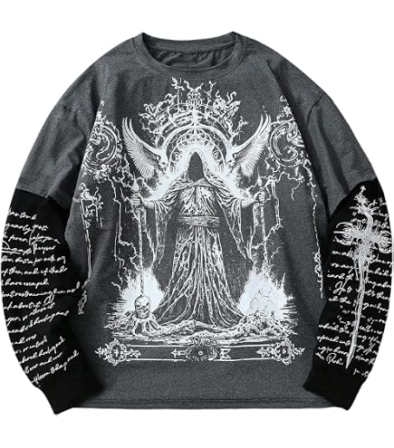MLAFE Goth Long Sleeve Top Y2K Thorn Cross Print T-shirt Large