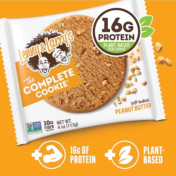 LENNY & LARRY’S COMPLETE PROTEIN COOKIE, [PEANUT BUTTER], CHEWY SOFT BAKED, 16G PLANT PROTEIN, VEGAN, NON-GMO, HIGH FIBER, [4 OUNCE] COOKIE (PACK OF 12)