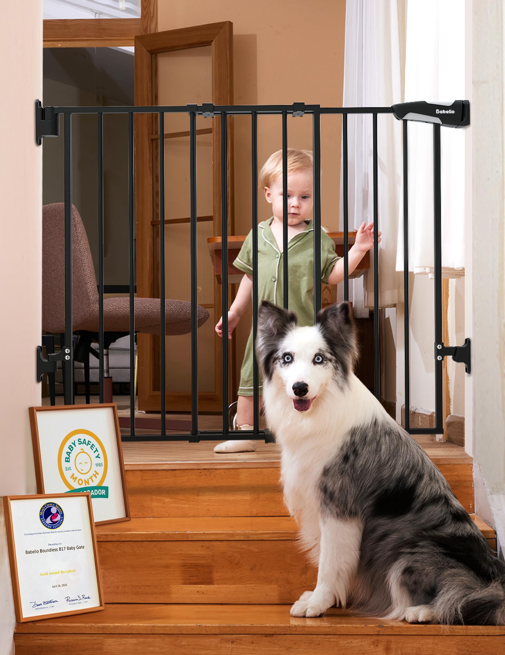 Photo 1 of Babelio Baby Gate for Stairs, Kitchen & Doorways, 26-43" W 28" H No Bottom Bar| Easy Installation| One-Handed Operation| Auto-Close| Hardware Mount Safety Dog/Pet Gate Indoor (Black)