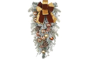 ARBORUS 30" Christmas Teardrop Swag for Front Door Artificial Winter Swag Garland with Pine Cones, Berry Clusters, Bronze Ball Ornaments and Ribbons for Thanksgiving Holiday Christmas Decoration