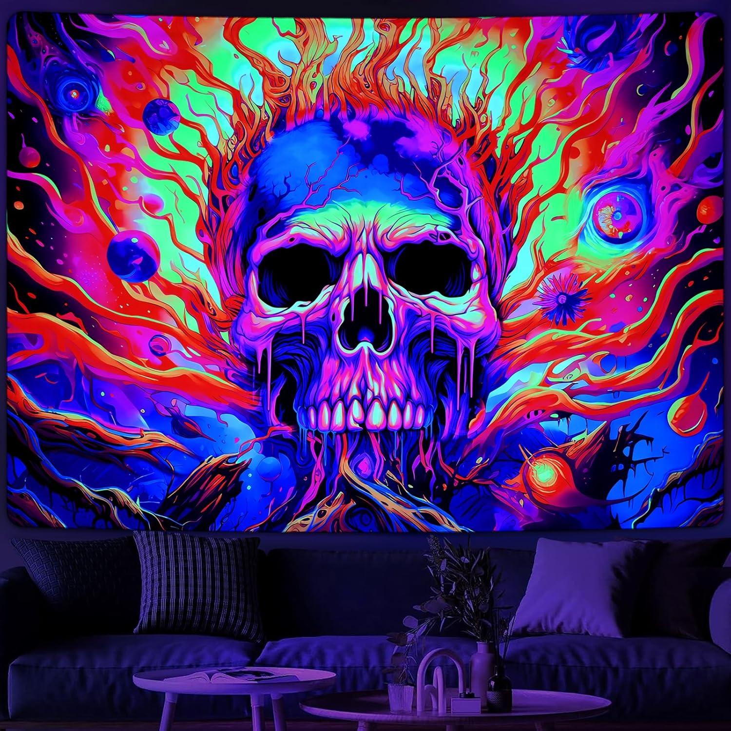 Tapestries - Uspring Blacklight Skull Tapestry Colorful Flames Tapestries Halloween Tree Branch Tapestry Glow in the Dark Eyes Tapestry Aesthetic Wall Tapestry for Bderoom Decor (59.1 x 82.7 inches)