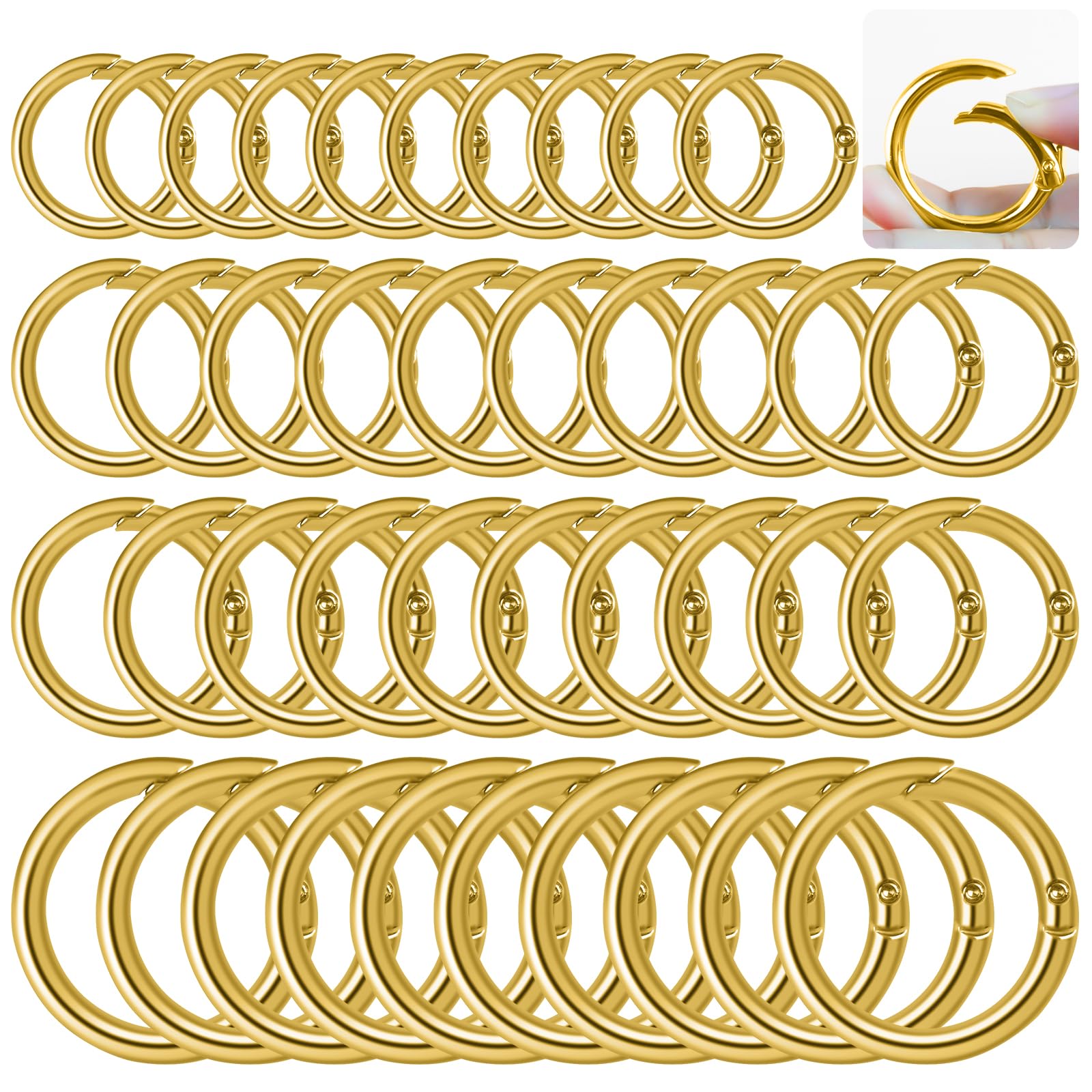 HavaCue 40PCS Spring O Rings 4 Sizes Round Carabiner Snap Clip,20/24/27/33mm Round Spring Snap Clip Hooks,Silver O Rings Metal for Bags Wallets DIY Craft (Gold)