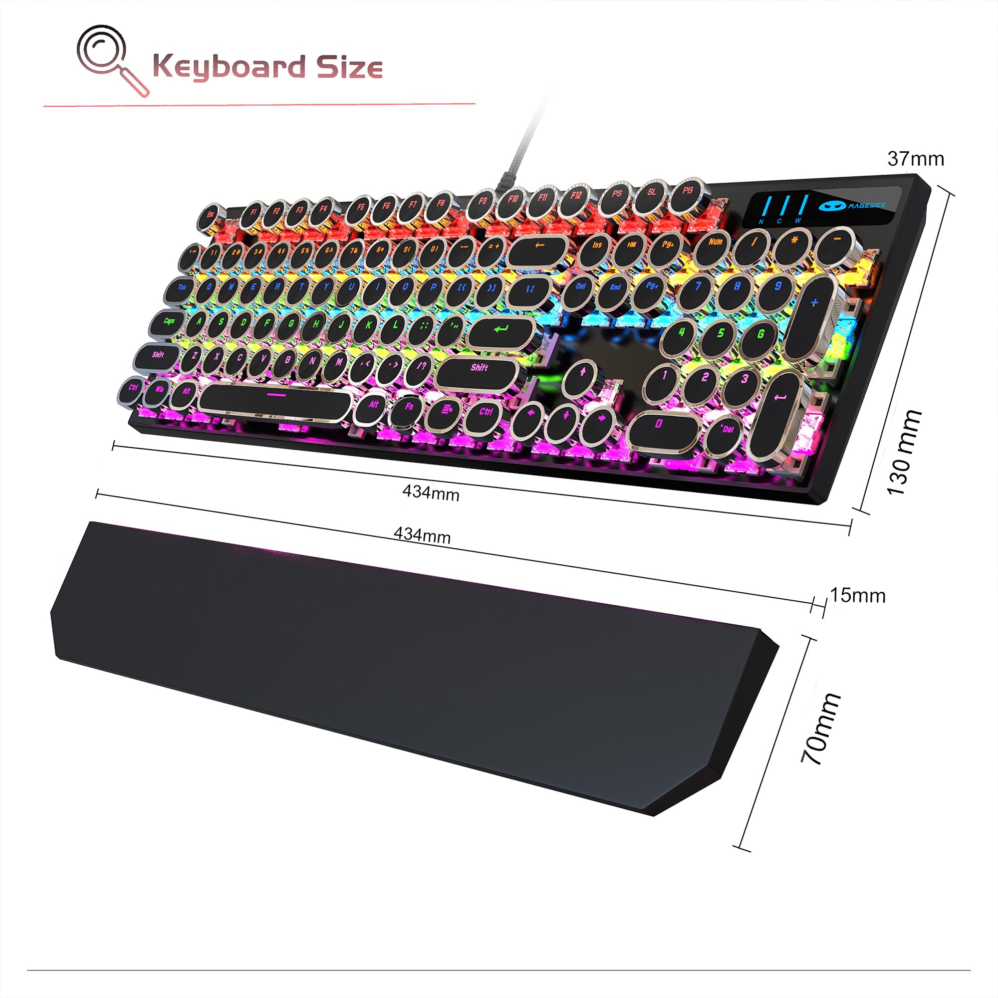 MageGee Typewriter Mechanical Gaming Keyboard, Retro Black Punk Round Keycaps RGB Rainbow Backlit Wired Keyboards for Laptop MAC PC Gamer, with Magnetic Wrist Rest - Blue Switch