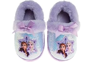 Disney Frozen Elsa and Anna Girls Slippers - Plush Non-Slip Comfy Fluffy Lightweight Warm Comfort Soft Aline Indoor House Slippers (Toddler/Little Kid)