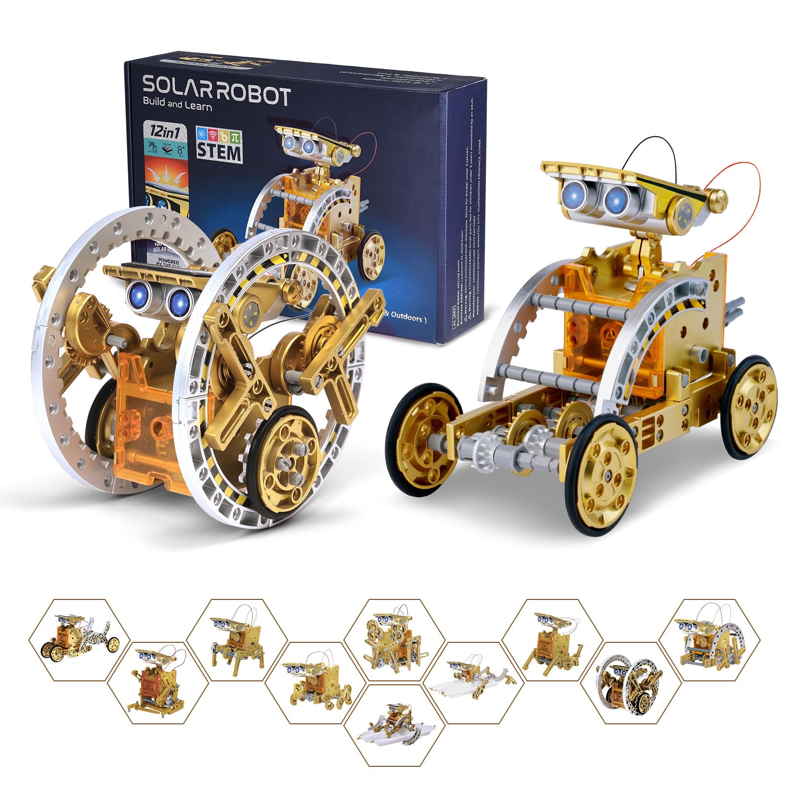 OMWay STEM 12-in-1 Solar Robot Toys, Science Kits for Kids Age 8-12, DIY Building Experiment Engineering Robotics Kits, Birthday Easter Gifts Toy for 9 10 11 13 14 Year Old Boys Teens, Gold