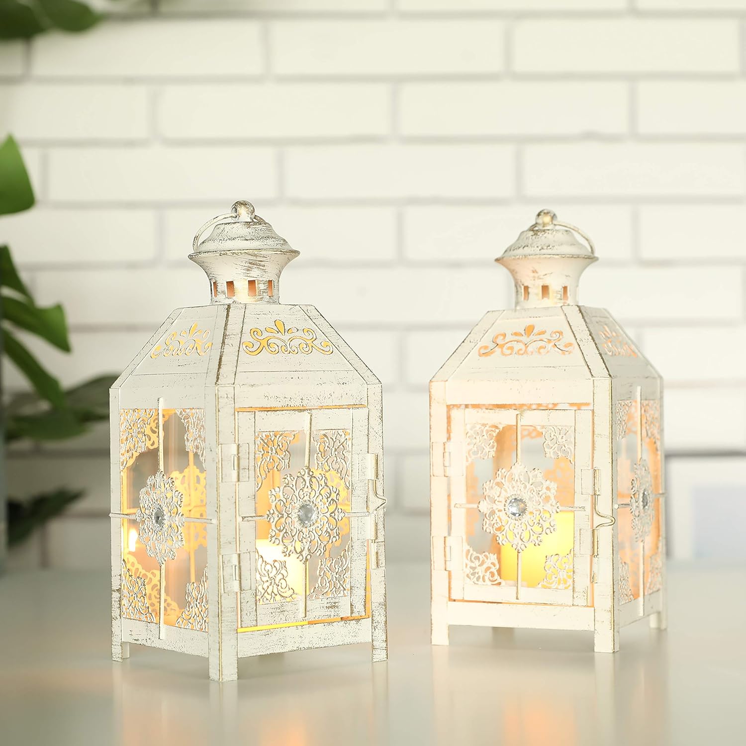 JHY DESIGN Set of 2 Decorative Candle Lantern 9.5" High Metal Candle Lantern Vintage Style Hanging Lantern for Wedding Parties Indoor Outdoor(White with Gold Brush): Kitchen & Dining
