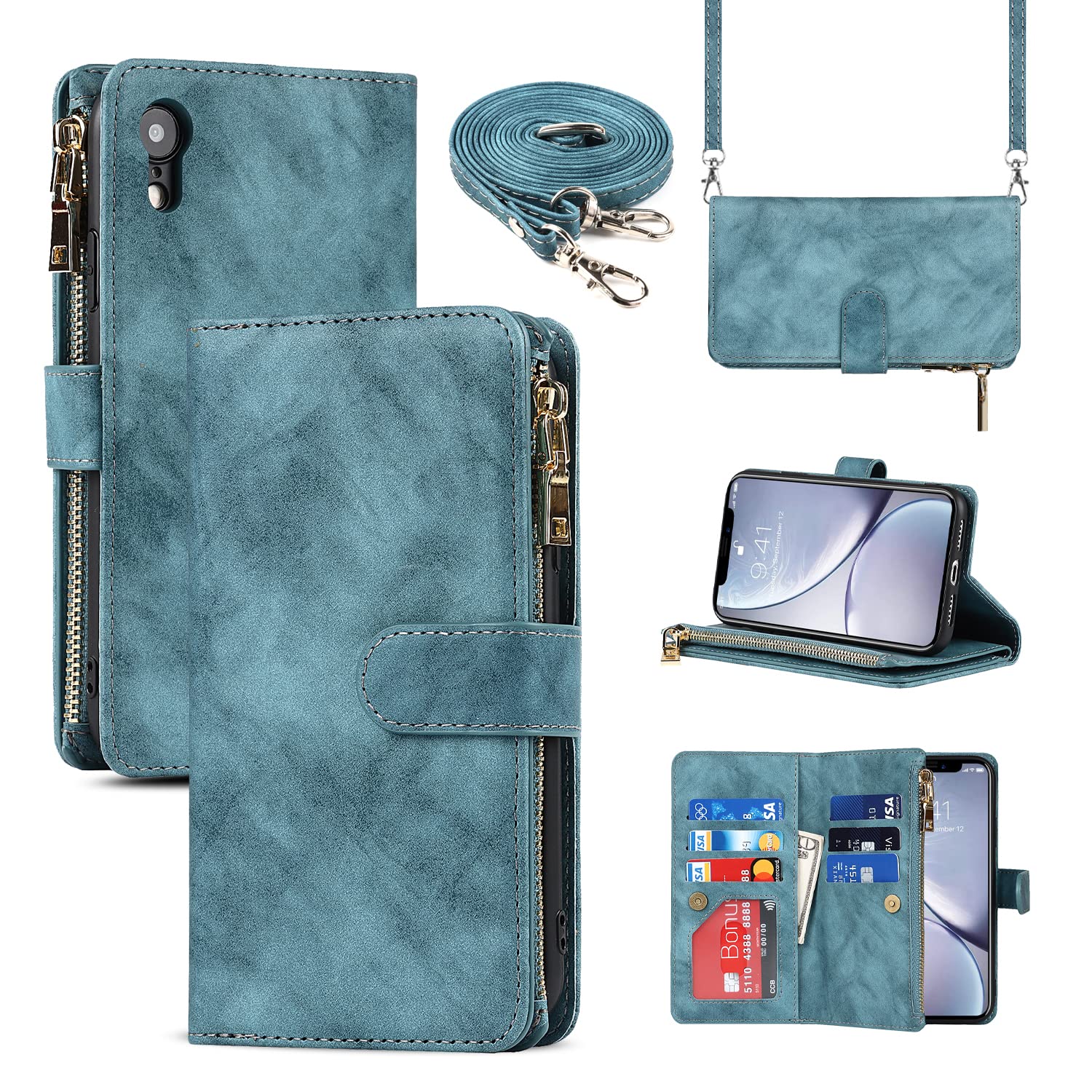 Cavor Crossbody iPhone XR Case With Card Holder With Strap,Flip Leather Wallet Case,[9 Card Holder] Zipper Detachable Lanyard Phone Case Cover for Women for iPhone XR - Light Blue