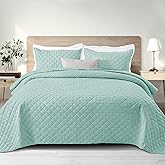 Exclusivo Mezcla Soft Quilt Set Queen Full Size, 3 Pieces Lightweight Quilts Aqua Bedspreads Coverlets Bedding Set for All Seasons, Grid Pattern