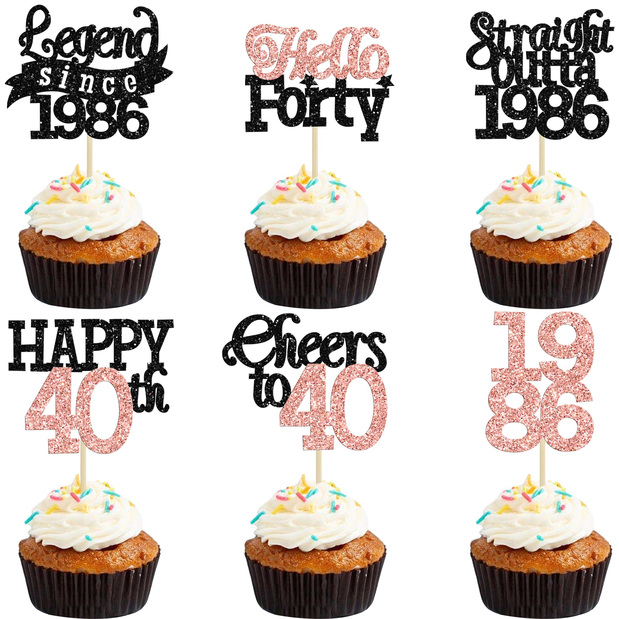 Gyufise 24Pcs Happy 40th Birthday Cupcake Toppers Hello Forty Legend Since 1986 Cupcake Picks Cheers to 40 Years Cake Decorations for 40th Birthday Anniversary Party Supplies Black Rose Gold