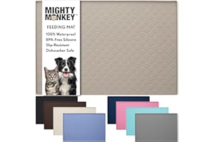 MIGHTY MONKEY 100% Waterproof Dog Food Mat, Raised Edges Silicone Pet Feeding Placemat for Cat, Dogs, Pet Bowls, High Lipped Tray Prevents Water Spills, Food on Floor, Dishwasher Safe, 18x12, Beige