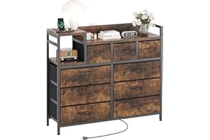 9-Drawer Fabric Dresser with Charging Station – Modern Black Chest of Drawers – Metal Frame, Versatile Storage – Easy Assembl