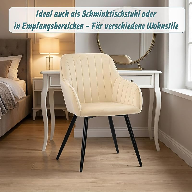 Esszimmerstuhl, 2er Set, Samt, Metallbeine, Armlehne, beige