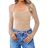 Avidlove Women's Square Neck Mesh Long Sleeve Bodysuit Shirts Ruched Body Suit Sexy Sheer Tops Date Night Outfit