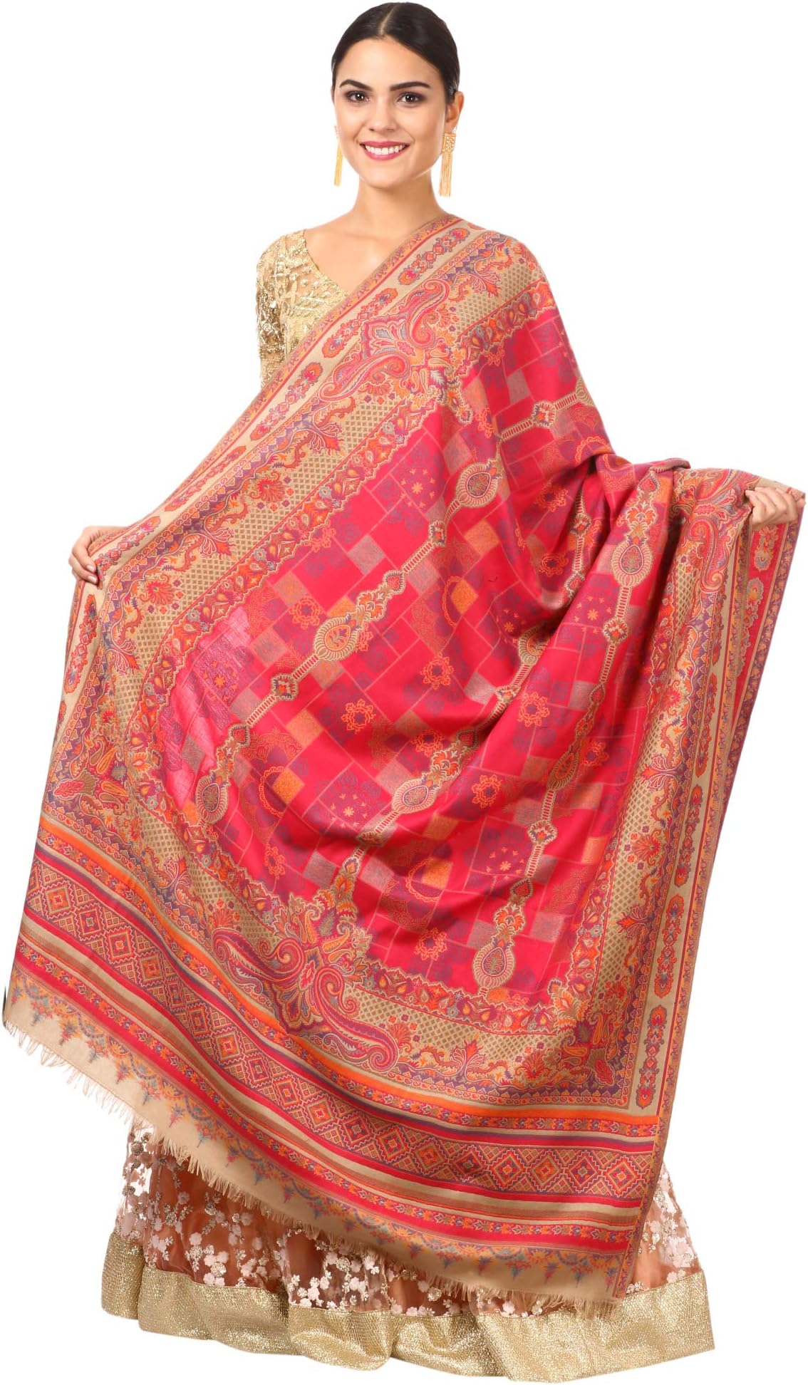 Pashtush Womens Kullu Jamawar Shawl, Faux Pashmina, Woven Jacquard Design with Kullu Weaving Design, Soft and Warm Faux Pashmina (Red)