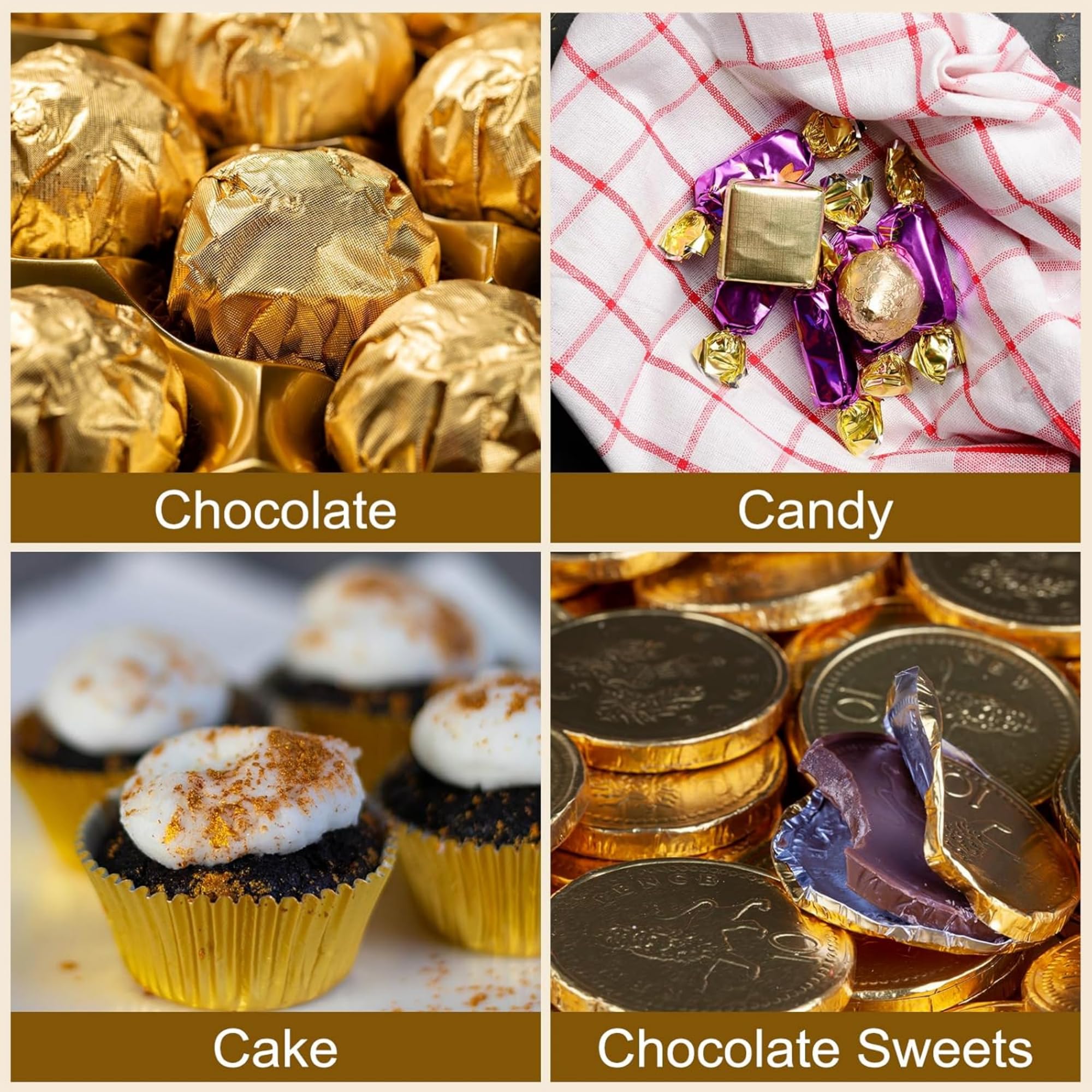200 Pack 3.9x3.9 inch Golden Chocolate Wrappers Aluminium Foil Square Sweets Lolly Paper Wrapping for DIY Food Candy Packaging Decoration Party Favor Wedding Birthday Accessories
