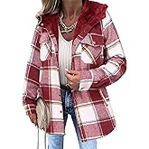 Zeagoo Womens Plaid Shacket Jacket Long Sleeve Fleece Hooded Jackets Fall Winter Warm Coat S-2XL