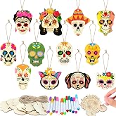 Colingmill 60 Pcs Sugar Skull Wooden Craft Kit, DIY Day of The Dead Supply | Dia De Los Muertos Ornament, Unfinished Halloween Hanging Blank Decor, Day of The Dead Party, with Rope and Coloring Pen