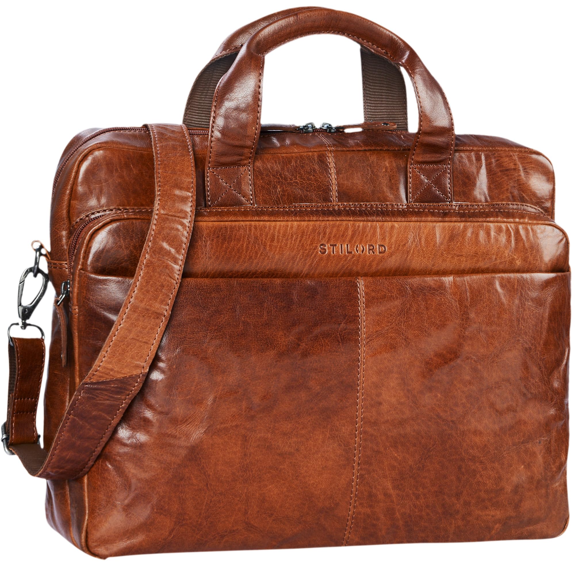 STILORD "Verus" Vintage Leather Bag Men Large XL Laptop Bag 14 inches/College Bag/Portfolio/Shoulder Bag/Satchel/Business Bag Genuine Leather Colour:Brandy - Brown