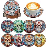 8 Pcs Diamond Art Coasters Kit for Adult with Holder, Diamond Coaster 4x4in | DIY Skull Diamond Painting Kits Coaster with Cork Pads, 5D Stained Glass Diamond Dots Coaster Set for Adult Home Office Decor