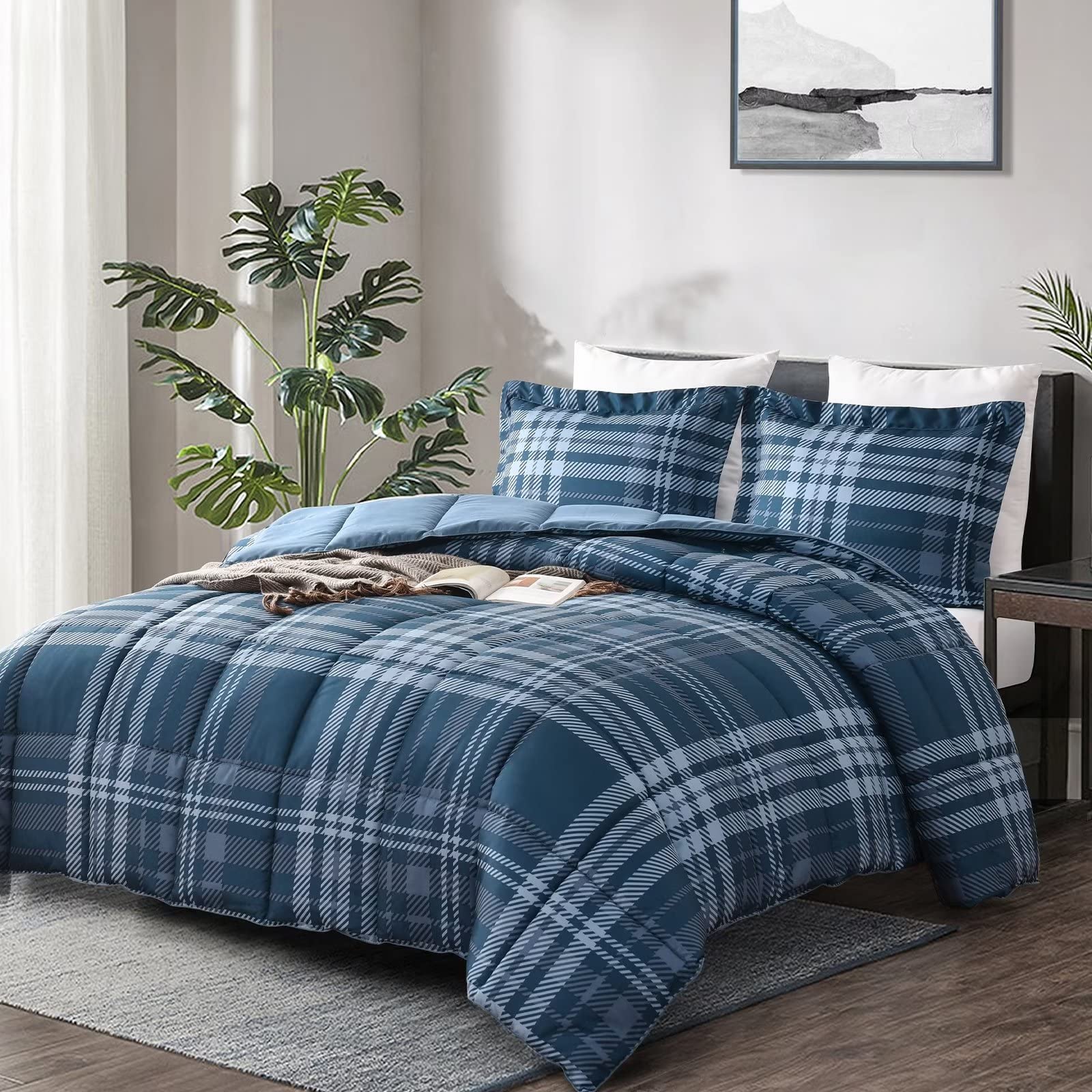 Homelike Moment Plaid California King Comforter Set Navy, Lightweight Grid Cal King Comforter Set Soft Down Alternative Bedding Sets All Season 3 Pcs Reversible Bed Set Whith 2 Shams