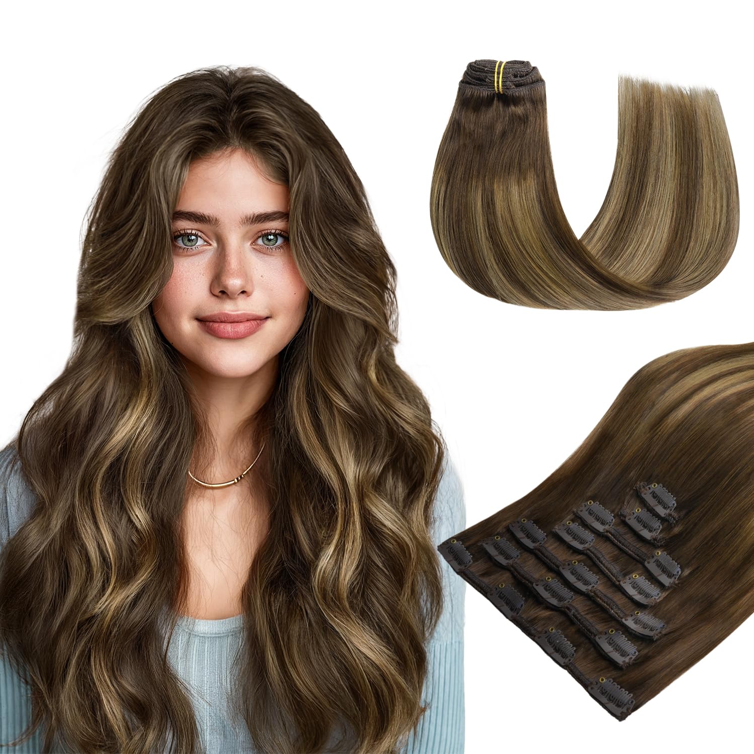 Clip in Hair Extensions, hotbanana Balayage Chocolate Brown to Caramel Blonde Clip Hair Extensions Real Human Hairs Straight Remy Clips in Extension 14 inch 120g 7pcs — image 1
